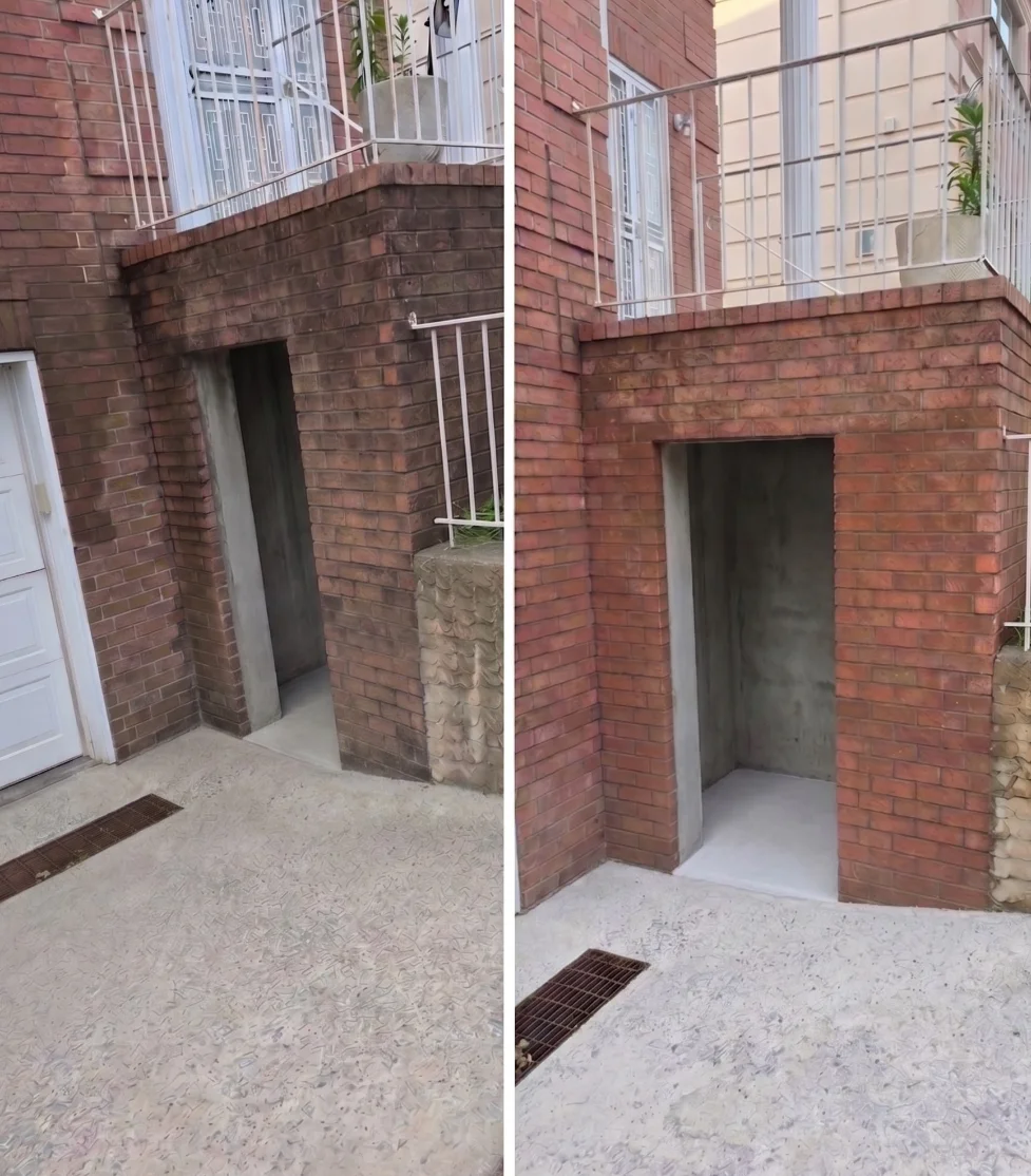 Before and after of a brick building entry, cleaned and repaired