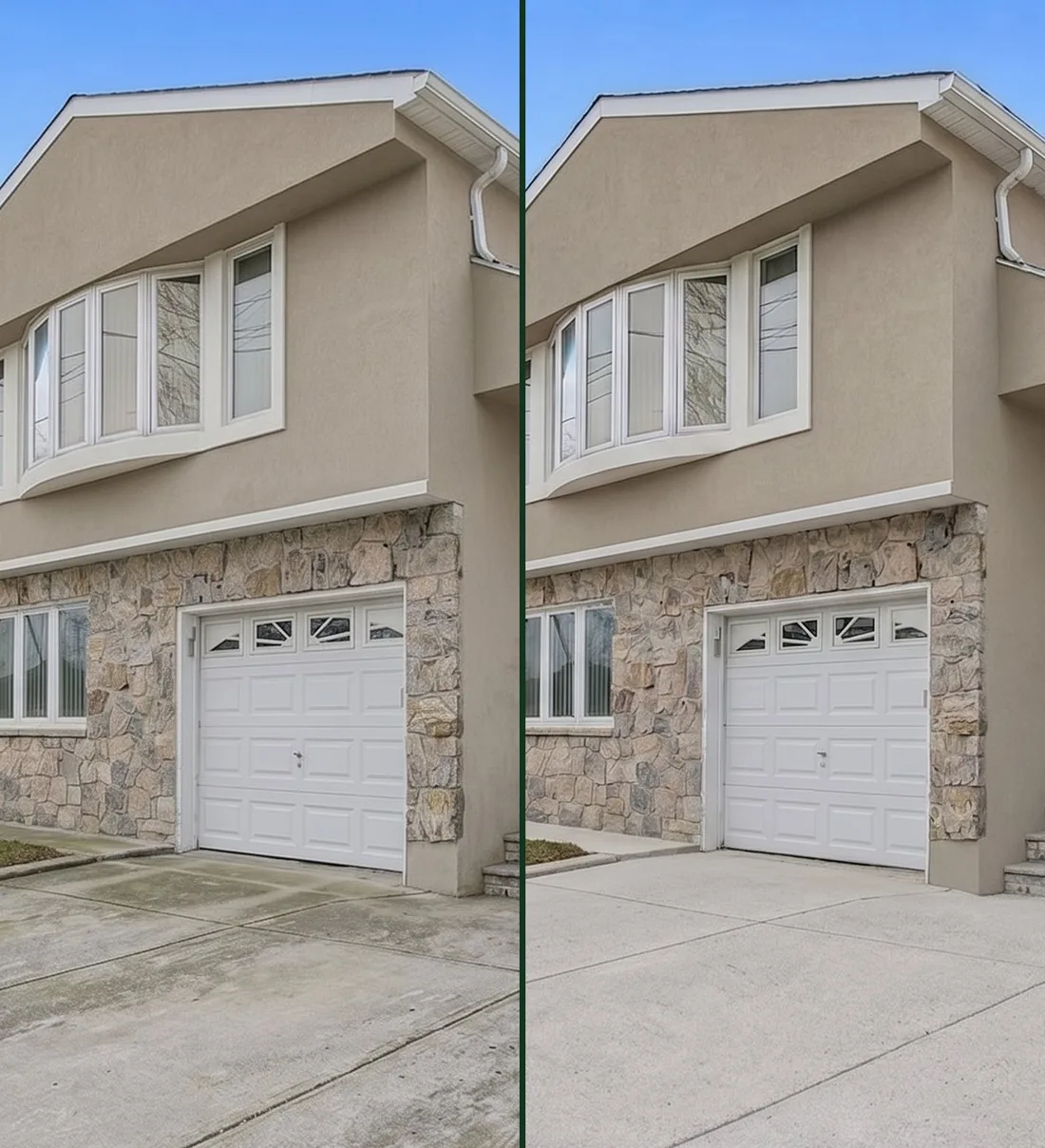Split before and after view of a two story house and driveway, dirty on the left and freshly washed on the right