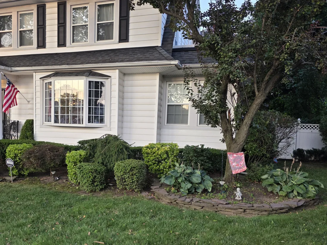 Trimmed front shrubs and hostas along a white colonial