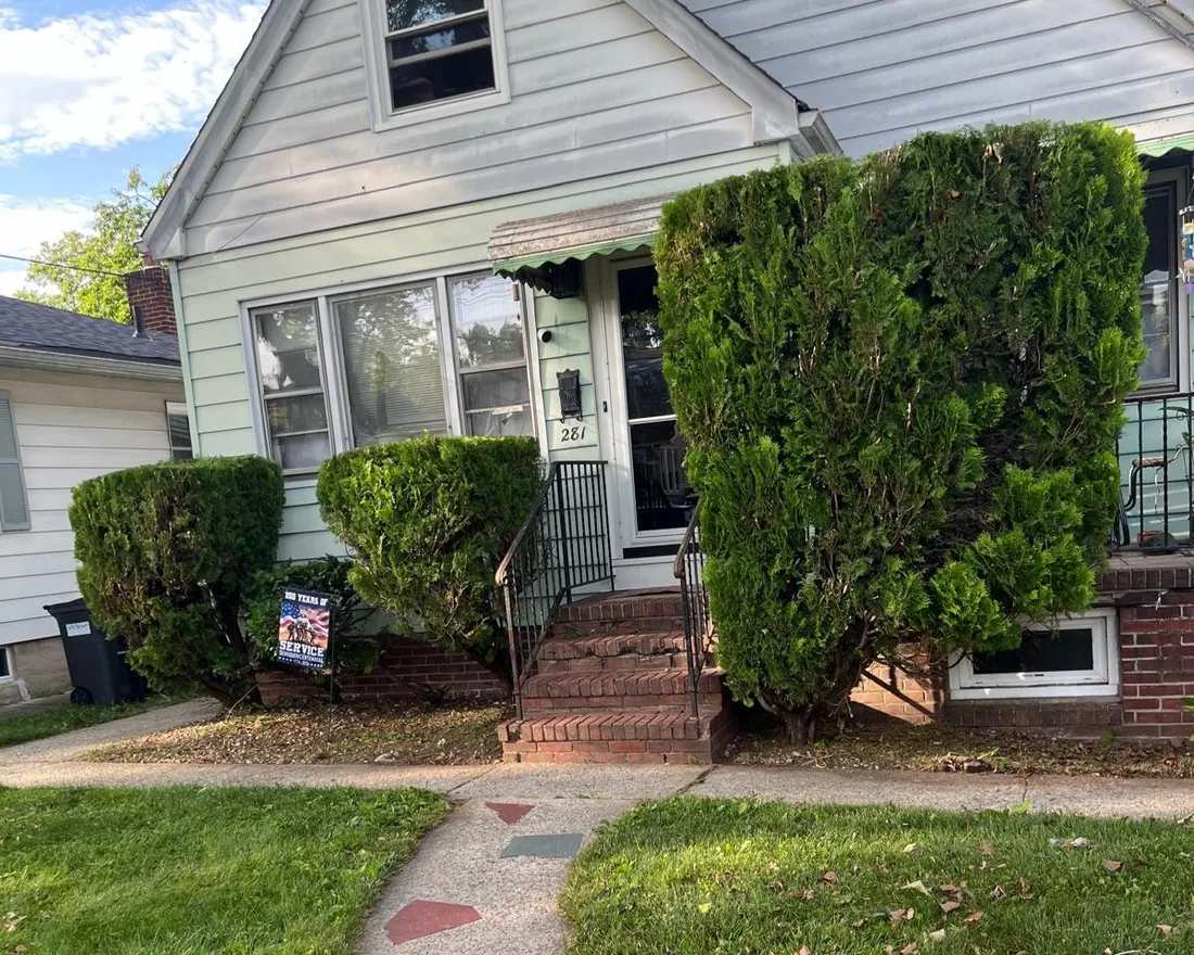 Arborvitae and shrubs trimmed square either side of a front entry