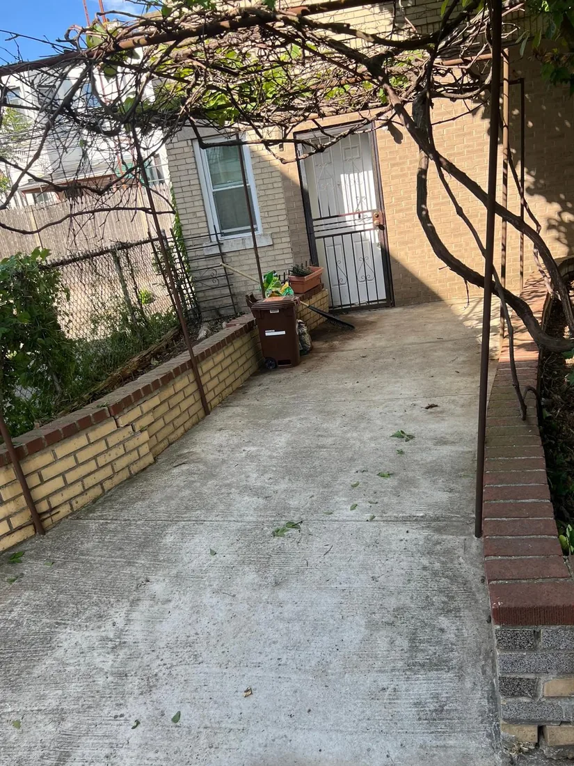 Concrete side yard under a grape arbor, cleared and swept